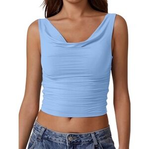QINSEN Womens Cowl Neck Crop Tank Top Light Blue Sleeveless Y2K Slim Fit XL